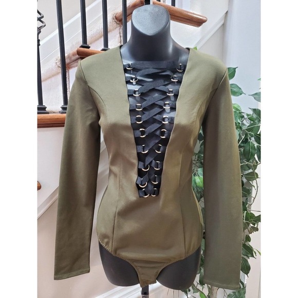 Nude Women's Green Cotton Lace Up Plunge V Neck Back Zipper Bodysuit Size Large - Picture 8 of 11